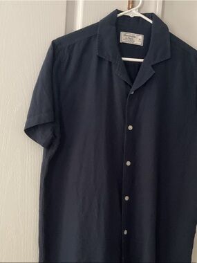 Abercrombie & Fitch Linen Cotton Navy Short-Sleeve Button-Up Shirt Size M